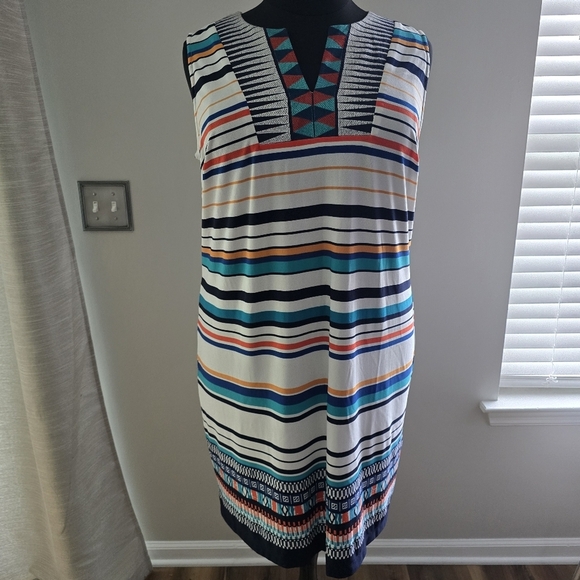 Madison Leigh Women's Plus Stripe V Neck Blue Orange Midi Dress Size 18W - Picture 2 of 5